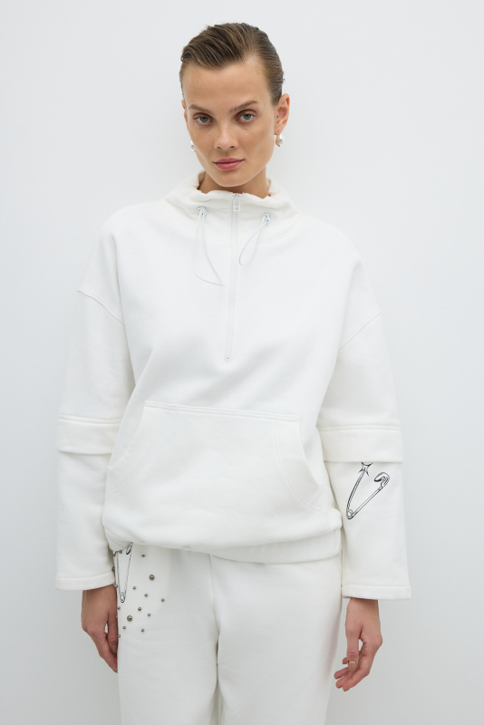 Dik Yaka Fermuarlı Trok Detaylı Sweatshirt Beyaz - 1
