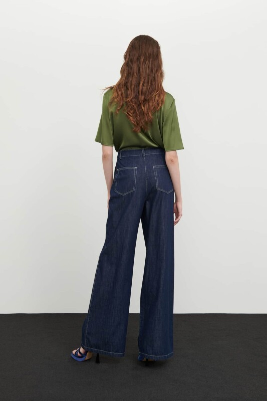 Denim Geniş Paça Pantolon Lacivert - 2
