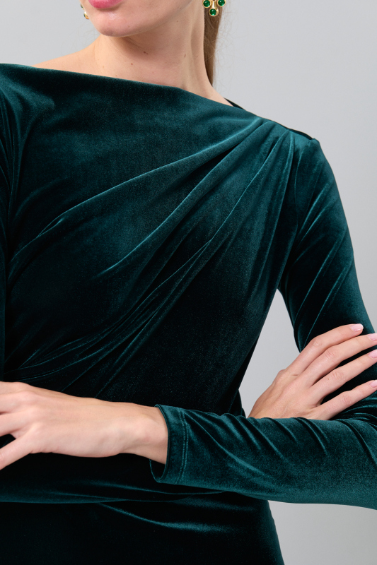 Drapeli Kadife Maksi Boy Elbise Petrol - 5