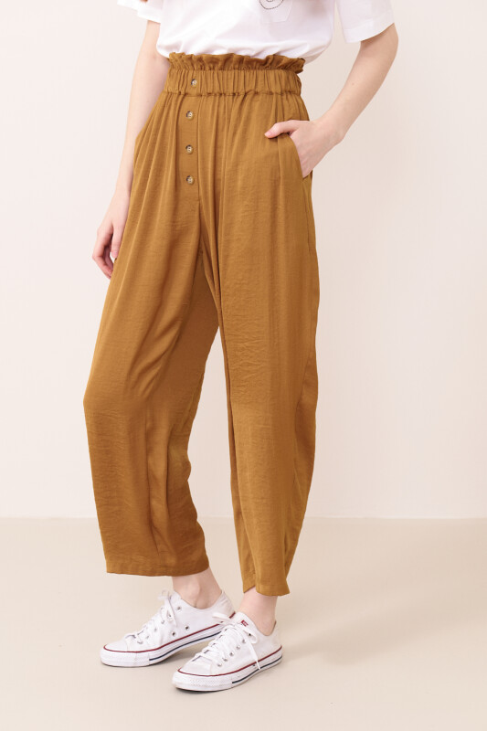 Düğme Detaylı Beli Lastikli Saten Pantolon Bal - 2