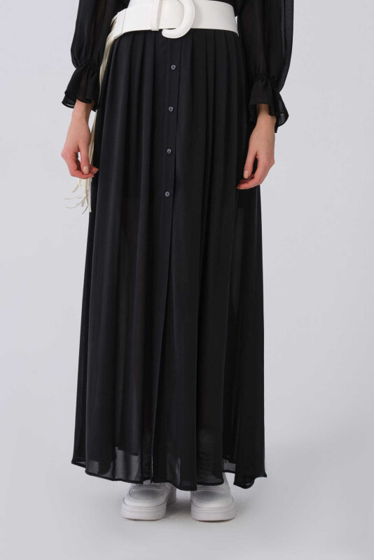 Düğme Detaylı Şifon Uzun Etek Siyah - 1