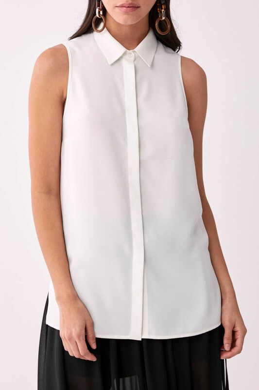 Düğmeli Askılı Bluz Kemik - 1