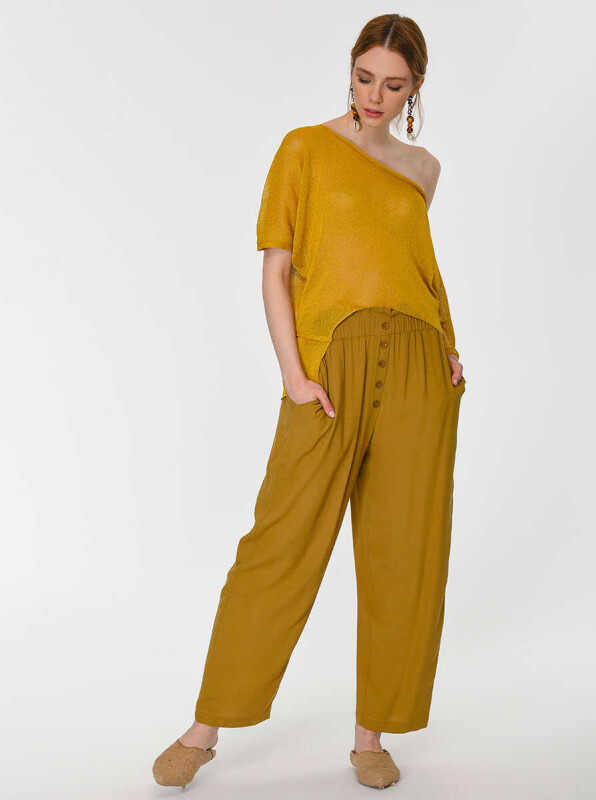 Düğmeli Geniş Pantolon Olive - 4