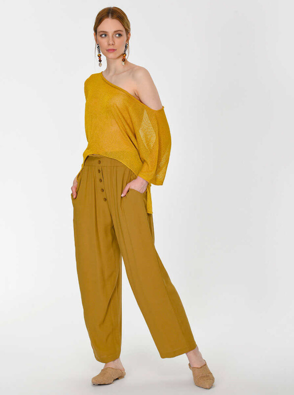 Düğmeli Geniş Pantolon Olive - 5