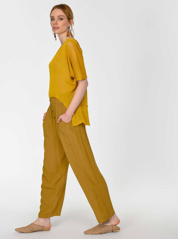 Düğmeli Geniş Pantolon Olive - 3