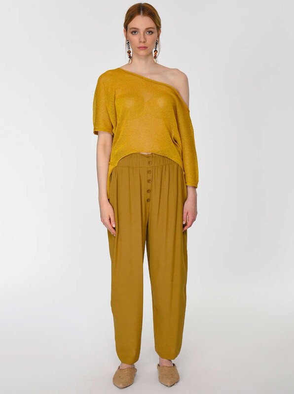 Düğmeli Geniş Pantolon Olive - 1