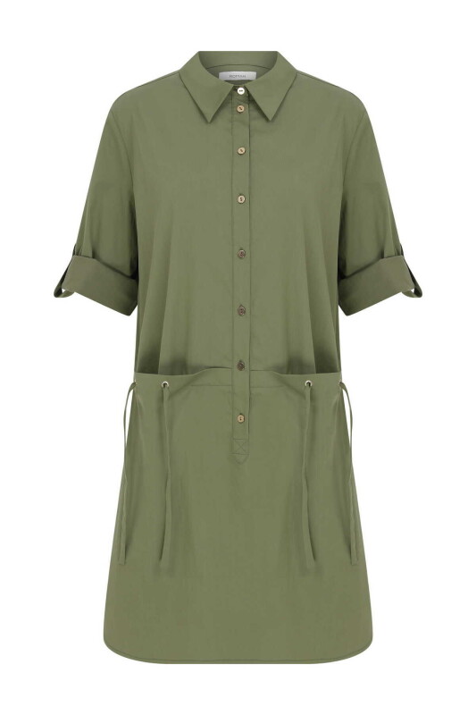 Düğmeli Mini Elbise Haki - 4