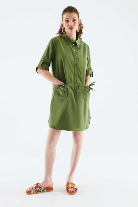 Düğmeli Mini Elbise Haki - 1