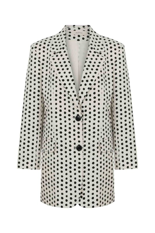 Düğmeli Puantiyeli Kadın Ceket Siyah-Ekru - 4