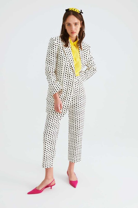 Düğmeli Puantiyeli Kadın Ceket Siyah-Ekru - 3