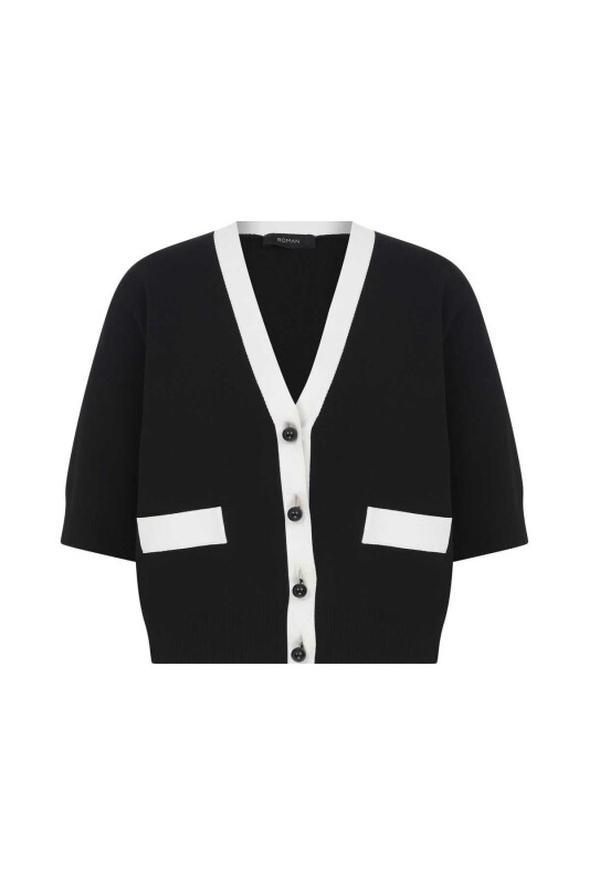 Düğmeli Triko Hirka Siyah-Beyaz - 4