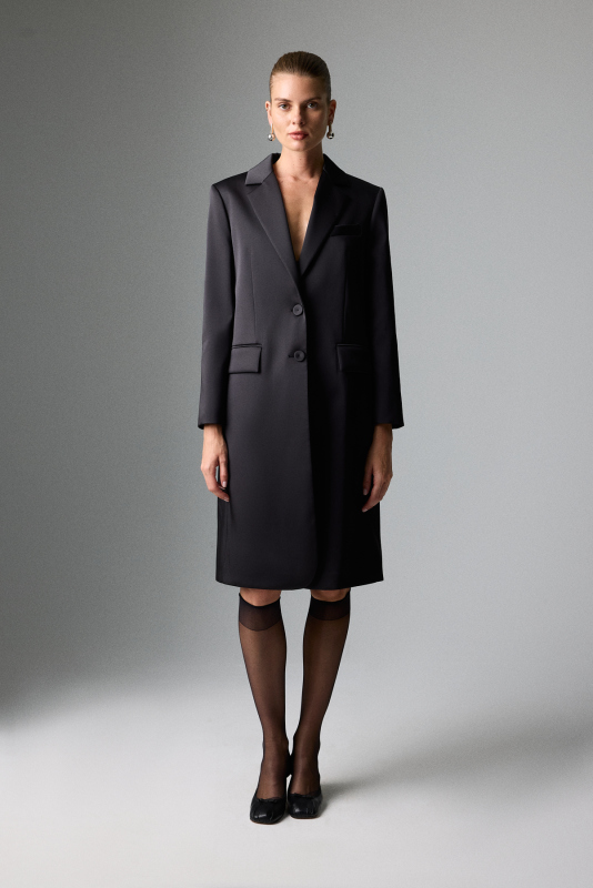 Düğmeli Uzun Ceket Siyah - 1