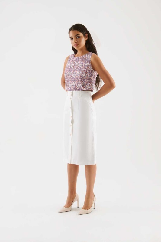 Düğmeli Uzun Etek Beyaz 