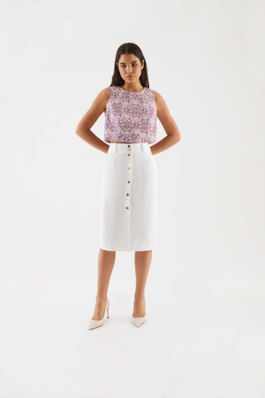 Düğmeli Uzun Etek Beyaz - 3