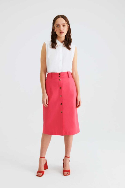 Düğmeli Uzun Etek Pembe - 1