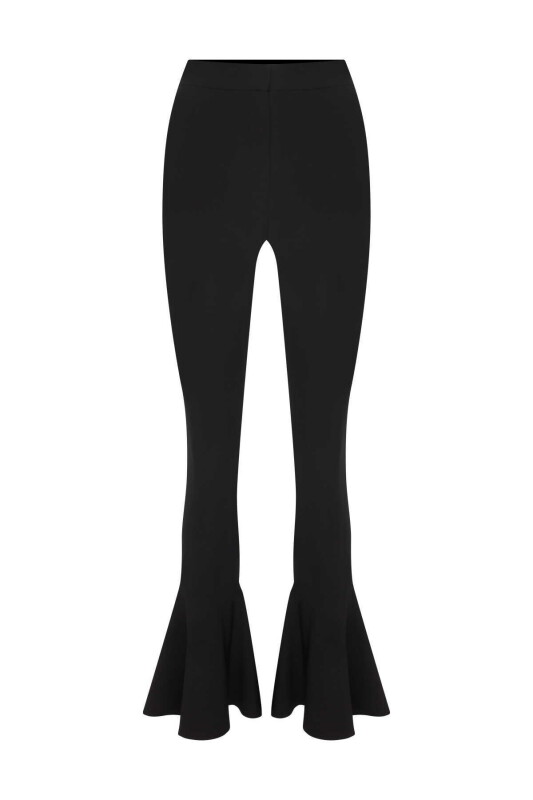 Düşük Bel Volanlı Paça Detaylı Likralı Krep Kadın Pantolon Siyah 