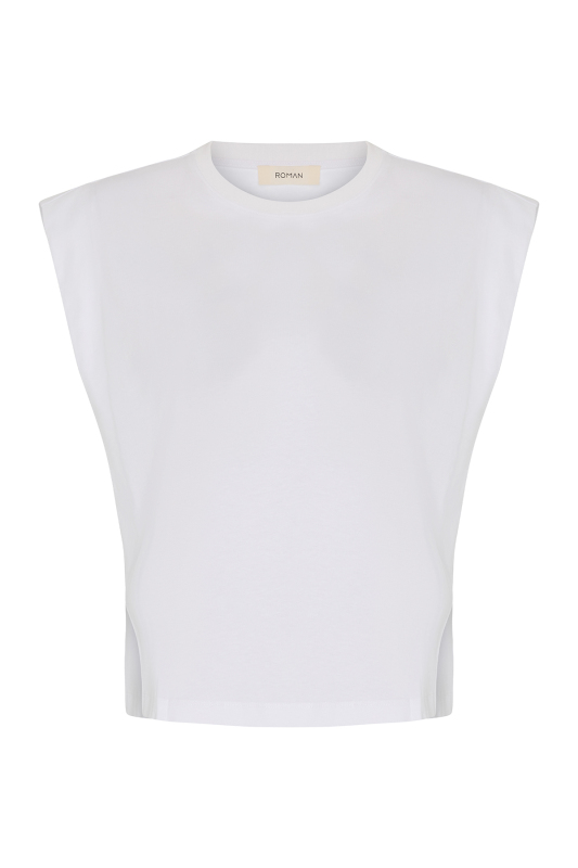 Düşük Omuz Ribana Yakalı Örme T-shirt Beyaz - Roman