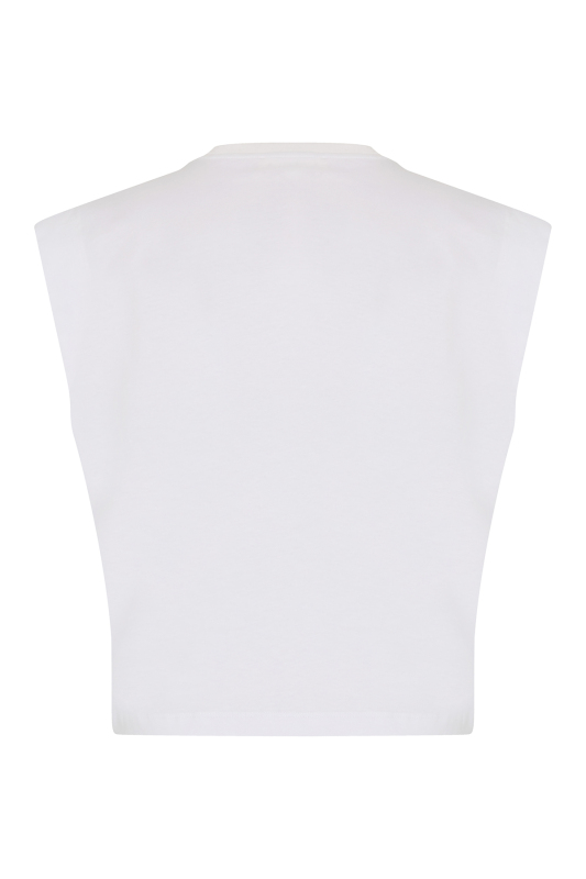 Düşük Omuz Ribana Yakalı Örme T-shirt Beyaz - Roman (1)