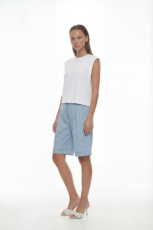 Düşük Omuz Ribana Yakalı Örme T-shirt Beyaz - Roman (1)