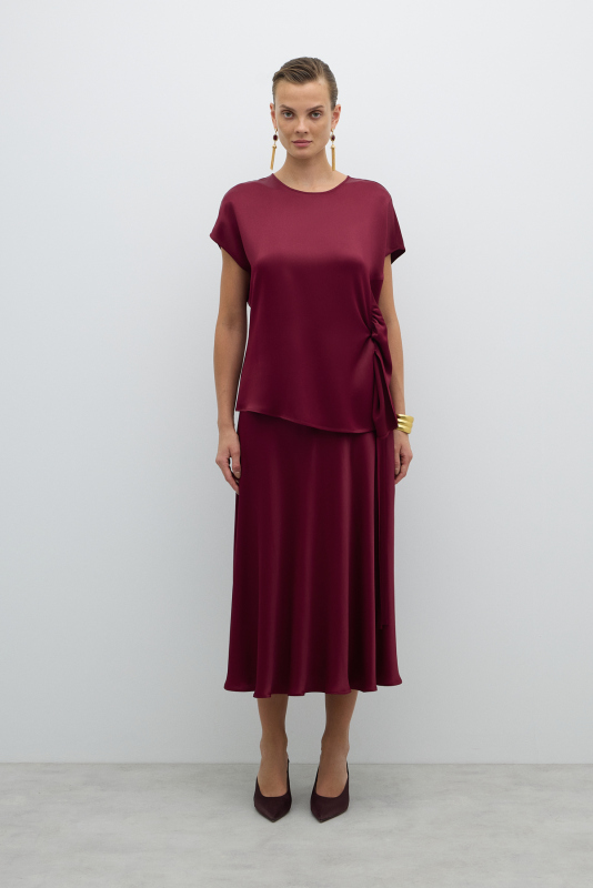Düşük Omuz Saten Bluz Bordo - 5