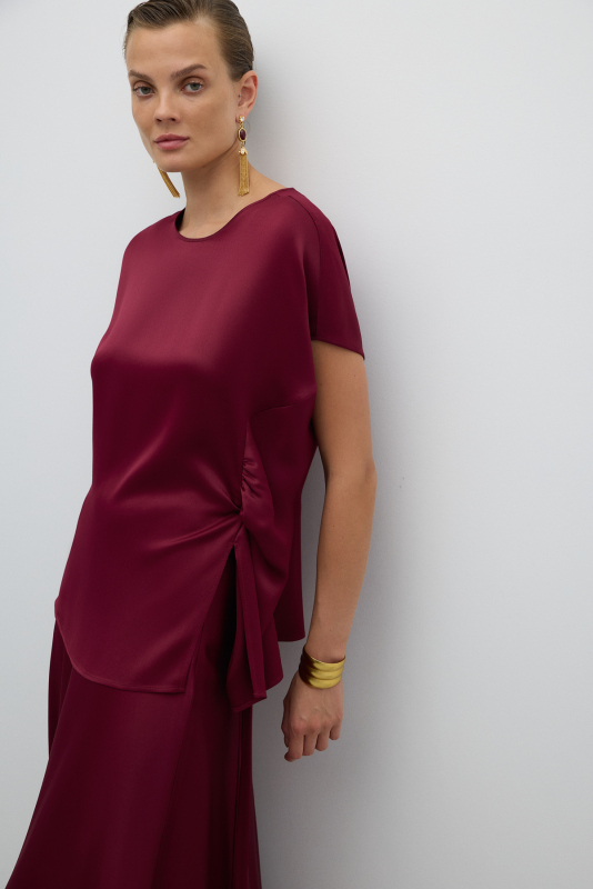 Düşük Omuz Saten Bluz Bordo - 3
