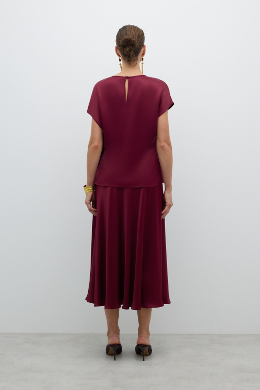 Düşük Omuz Saten Bluz Bordo - 2