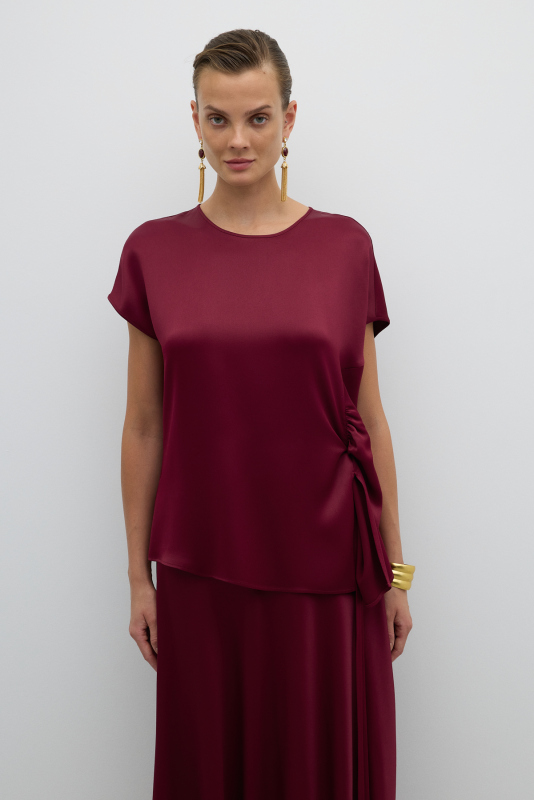 Düşük Omuz Saten Bluz Bordo - 1