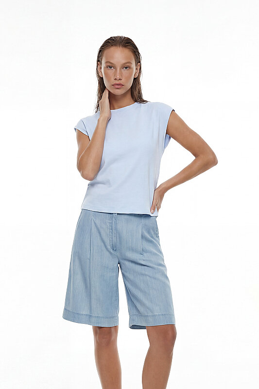 Düşük Omuzlu Bisiklet Yaka T-shirt Mavi - Roman