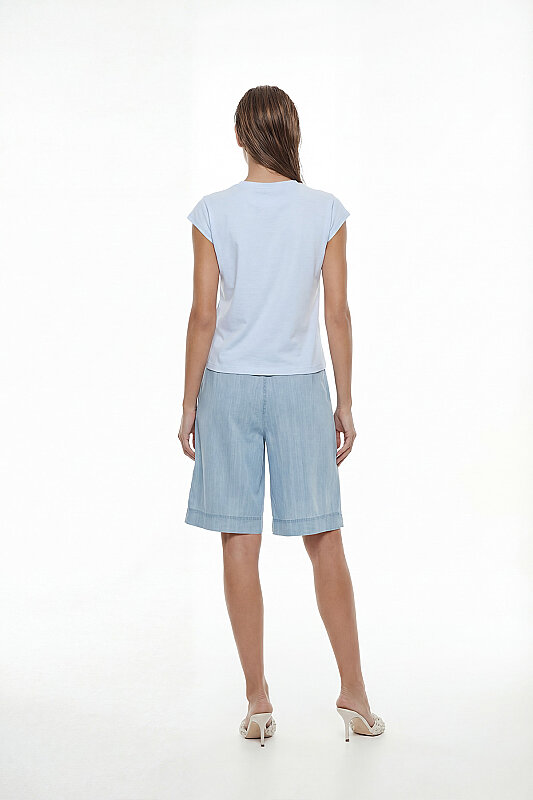 Düşük Omuzlu Bisiklet Yaka T-shirt Mavi - Roman (1)