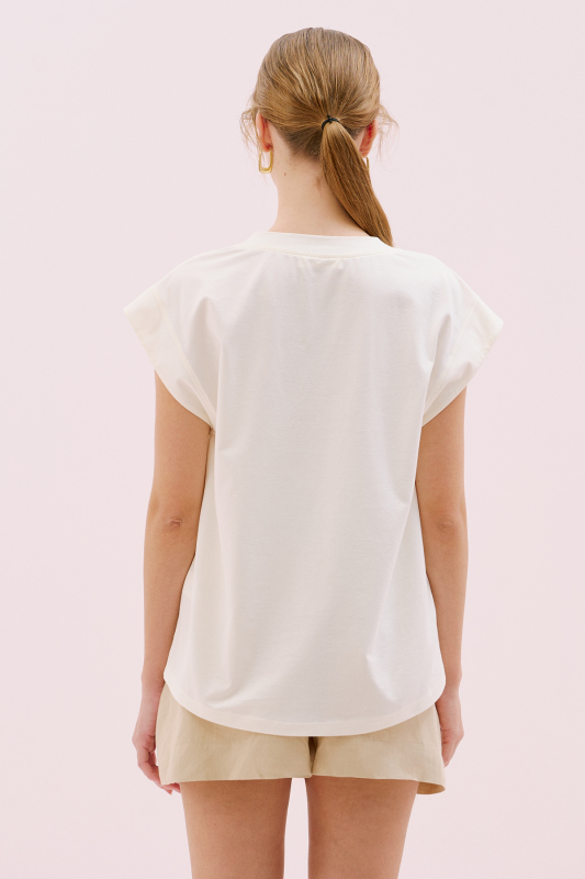 Düşük Omuzlu V Yaka T-shirt Ekru - 2