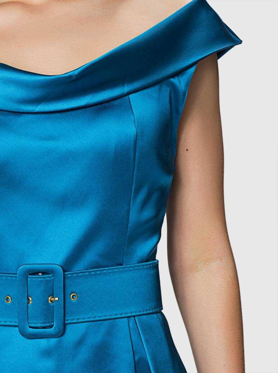  Düşük Yaka Kemer Detaylı Mini Elbise Petrol-Mavi - 3