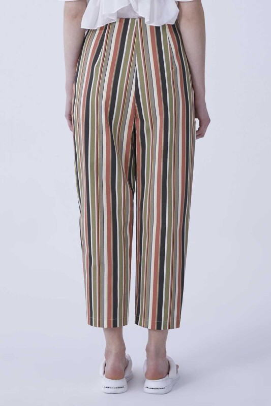 Düz Paça Çizgili Kadın Pantolon Kahve - 2