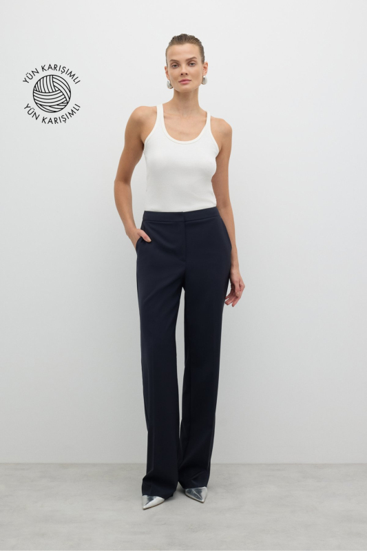 Düz Paça Yün Pantolon Lacivert - Roman