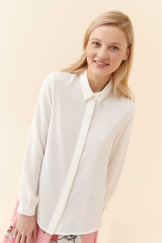  Erkek Yakalı Kadın Gömlek Ekru - 1