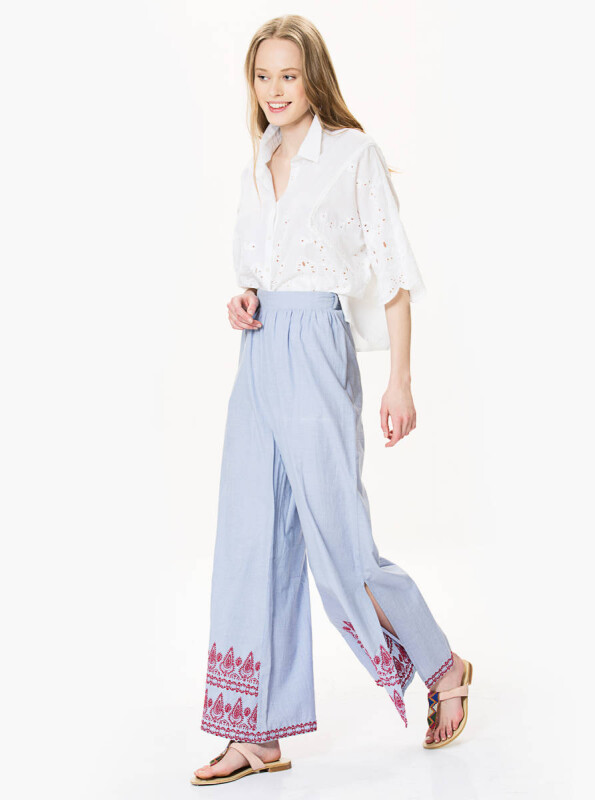 Etnik Desenli Bol Paça Pantolon Mavi - 3