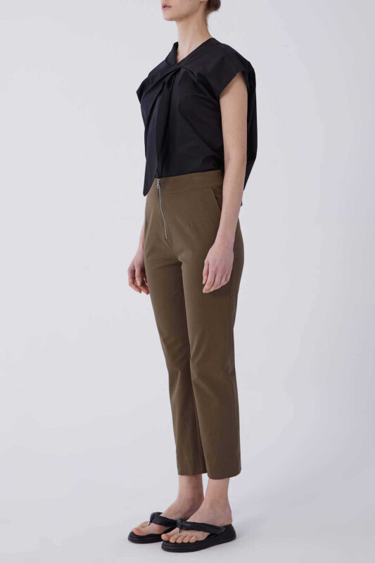 Fermuar Detaylı Bol Pantolon Haki - 3