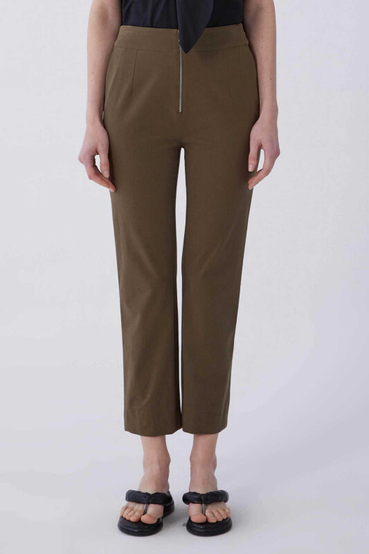 Fermuar Detaylı Bol Pantolon Haki - 1