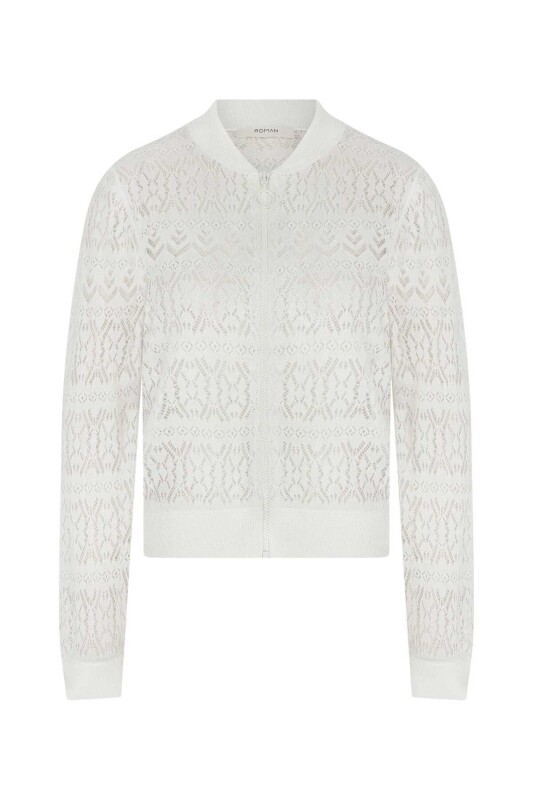 Fermuar Detaylı İşlemeli Triko Bomber Beyaz - 4