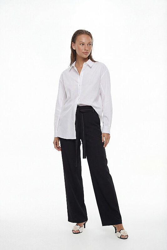 Fermuar ve Cep Detaylı Boyfriend Gömlek Beyaz - Roman