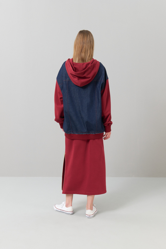 Fermuarlı Denim Sweatshirt Bordo - 2