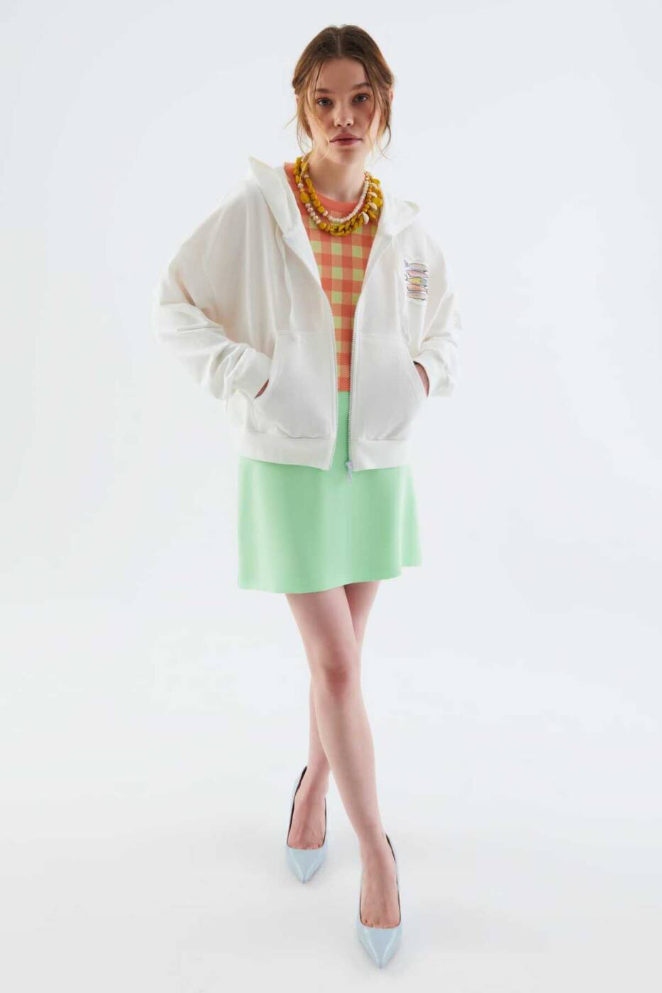  Fermuarlı Desenli Sweatshirt Ekru - 1
