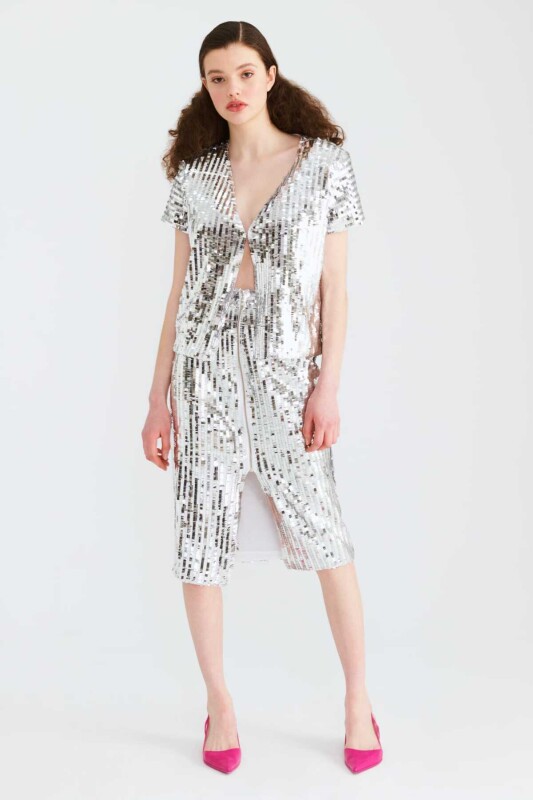 Fermuarlı Pullu Etek Gümüş - 3