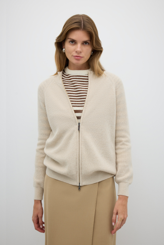 Fermuarlı Triko Hırka Bej - Roman