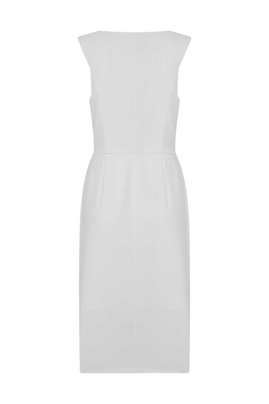 Fermuarlı V Yaka Elbise Ekru - 5