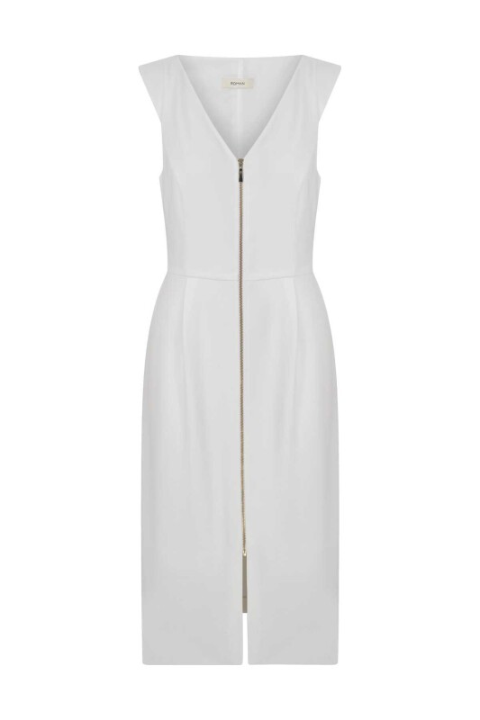 Fermuarlı V Yaka Elbise Ekru - 4