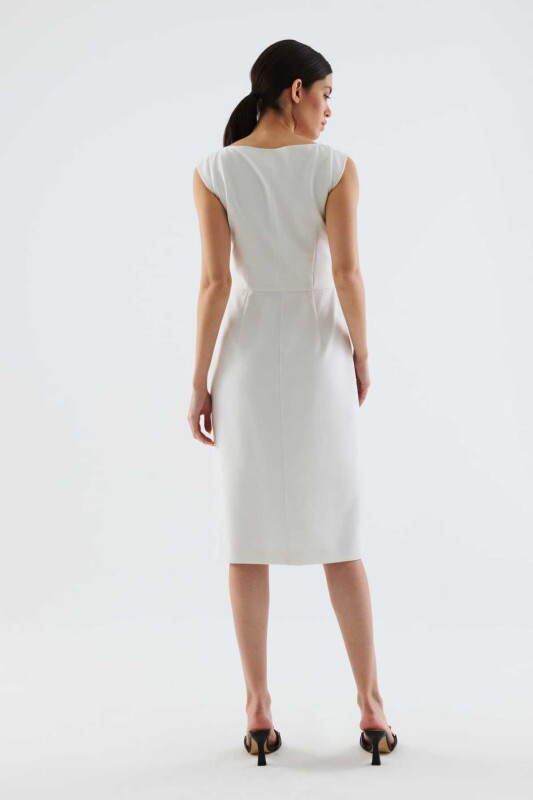 Fermuarlı V Yaka Elbise Ekru - 2