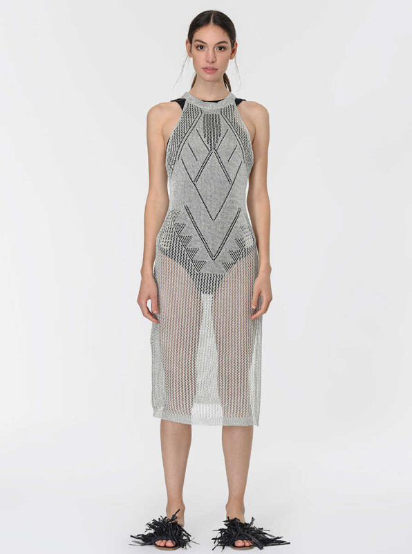 Fileli Triko Elbise Gümüş - 1