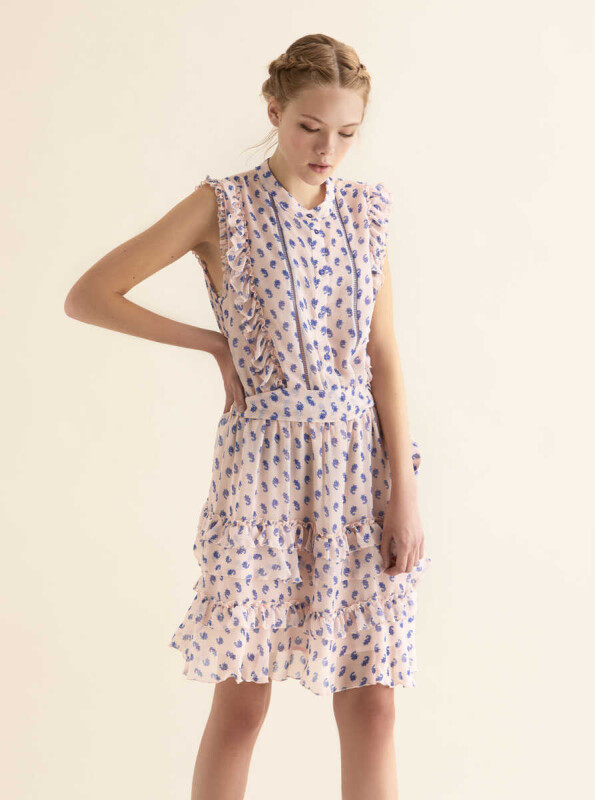 Fırfır Detaylı Desenli Günlük Elbise Pembe - 1