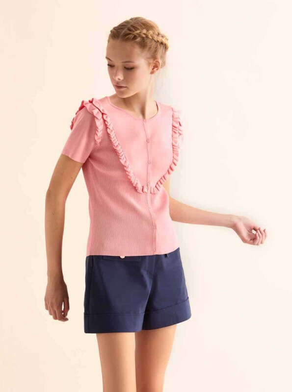 Fırfır Detaylı Yarım Kol Triko Pembe - 1