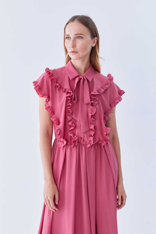  Fırfırlı Beli Lastikli Uzun Elbise Pembe - 3
